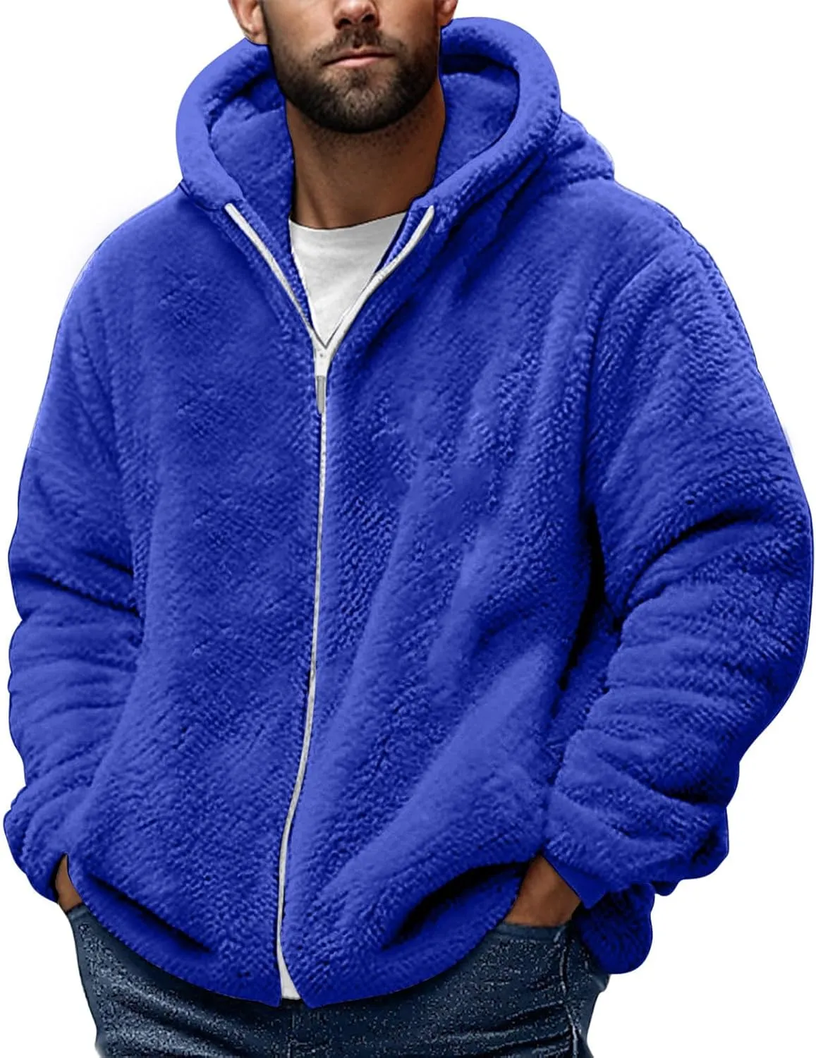 Cambkatl Men's Fuzzy Sherpa Hoodie Jacket Full Zip Up Fleece Long Sleeve Loose Soft Hooded Sweatshirt Athletic Sports Coat