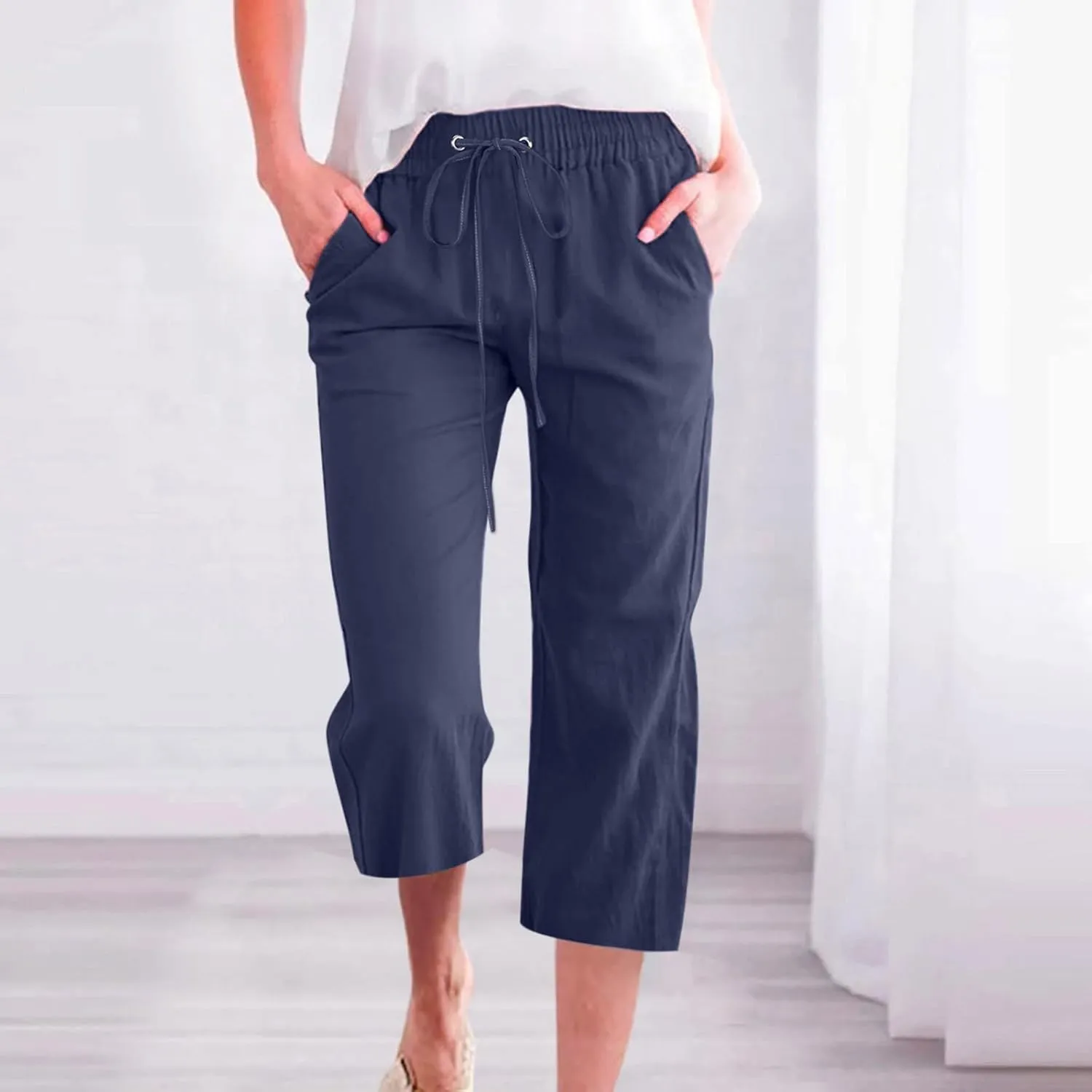 Capri Pants for Women Elegant Summer 2024 Drawstring Elastic High Waist Linen Pants Wide Leg Lounge Trendy