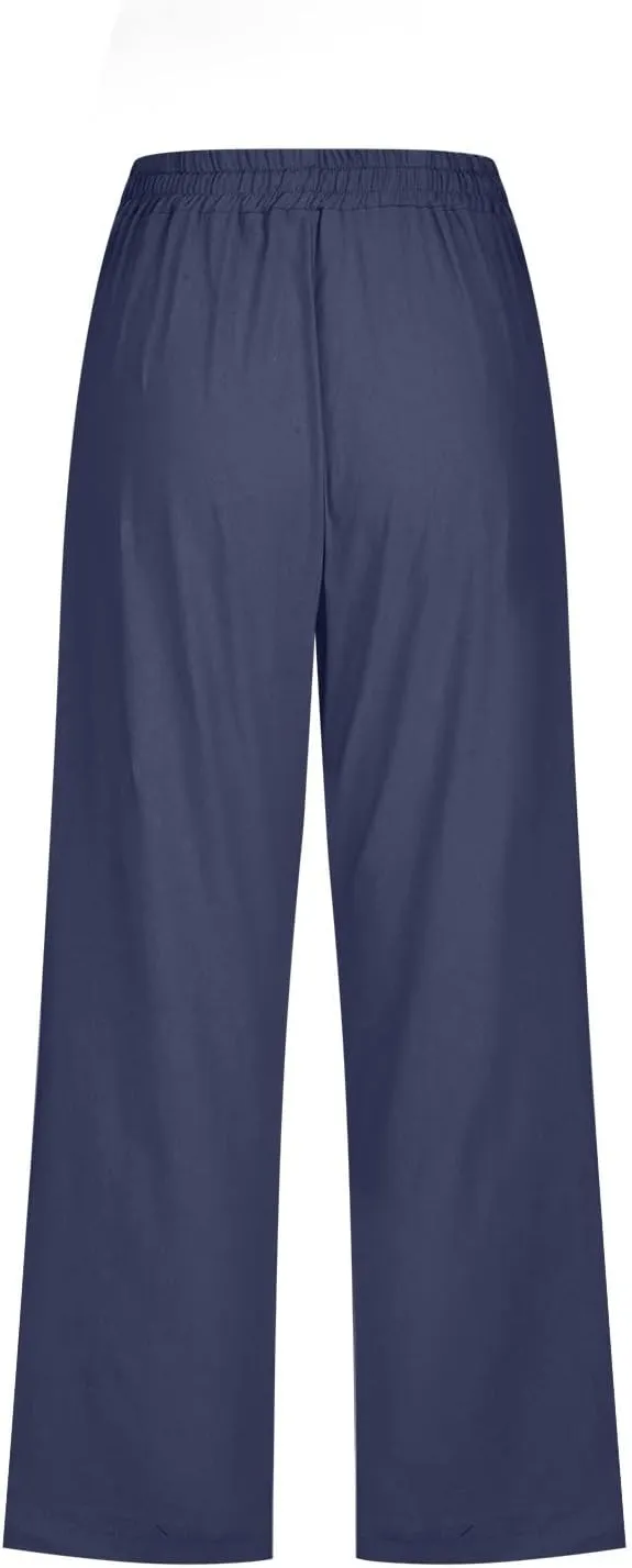 Capri Pants for Women Elegant Summer 2024 Drawstring Elastic High Waist Linen Pants Wide Leg Lounge Trendy