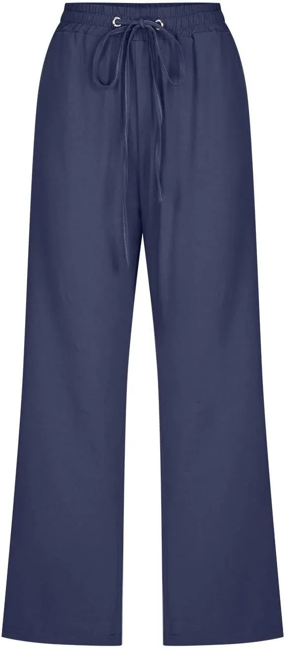 Capri Pants for Women Elegant Summer 2024 Drawstring Elastic High Waist Linen Pants Wide Leg Lounge Trendy