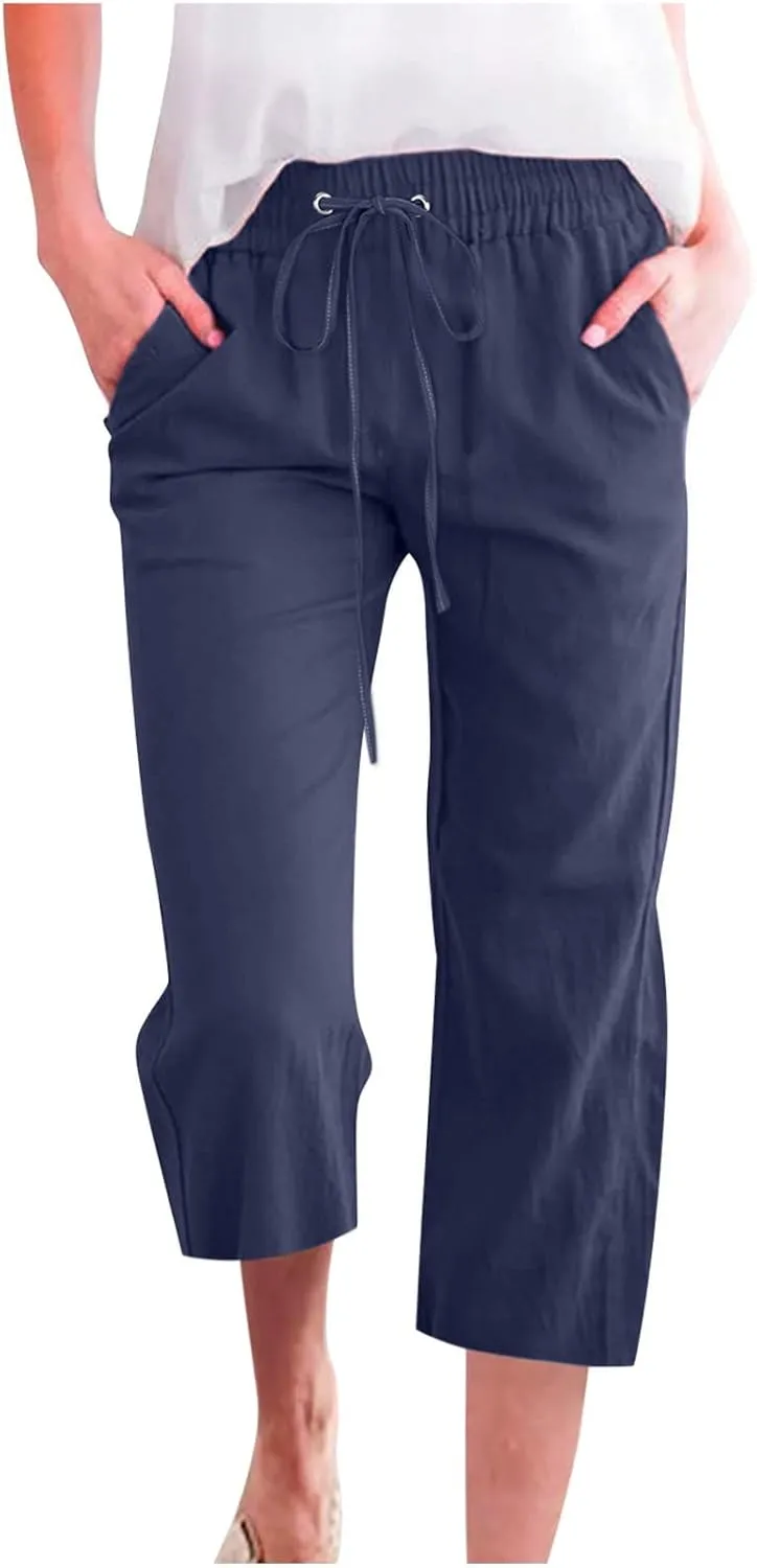 Capri Pants for Women Elegant Summer 2024 Drawstring Elastic High Waist Linen Pants Wide Leg Lounge Trendy