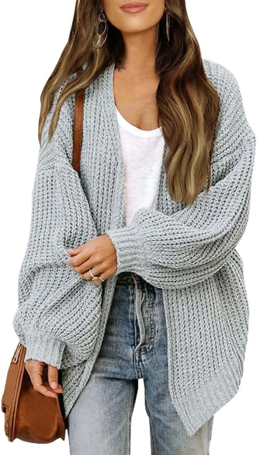 Cardigans for Women Womens 2024 Fall Open Front Chunky Knit Cardigan Sweater Cute Oversized Lantern Sleeve Outwear Coat Casual Fall Outfit Light Gray Small