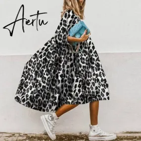 Casual Female Leopard Party Baggy Dress Elegant Print  Dress Women Long Midi Dress Autumn Summer Sundress Long Sleeve Robe