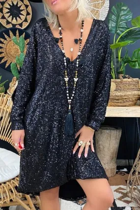 Casual Solid Sequins V Neck Straight Dresses