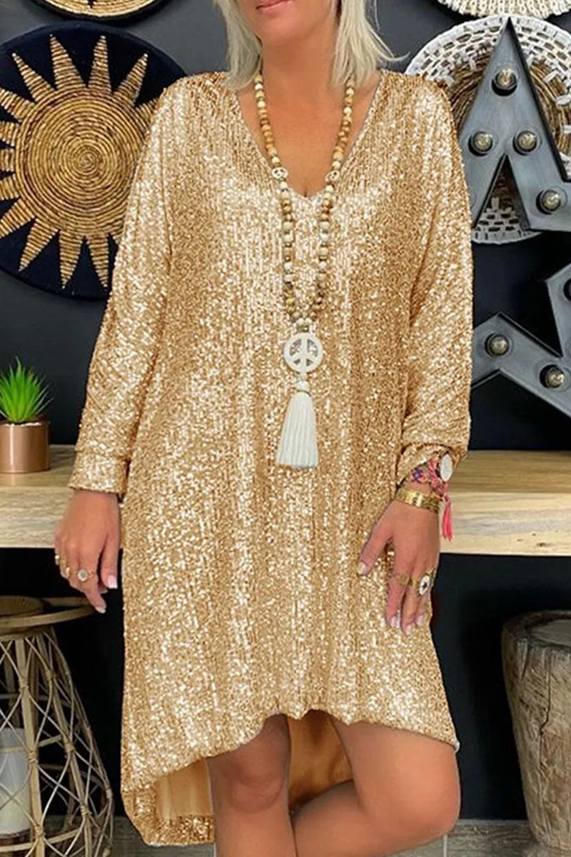 Casual Solid Sequins V Neck Straight Dresses