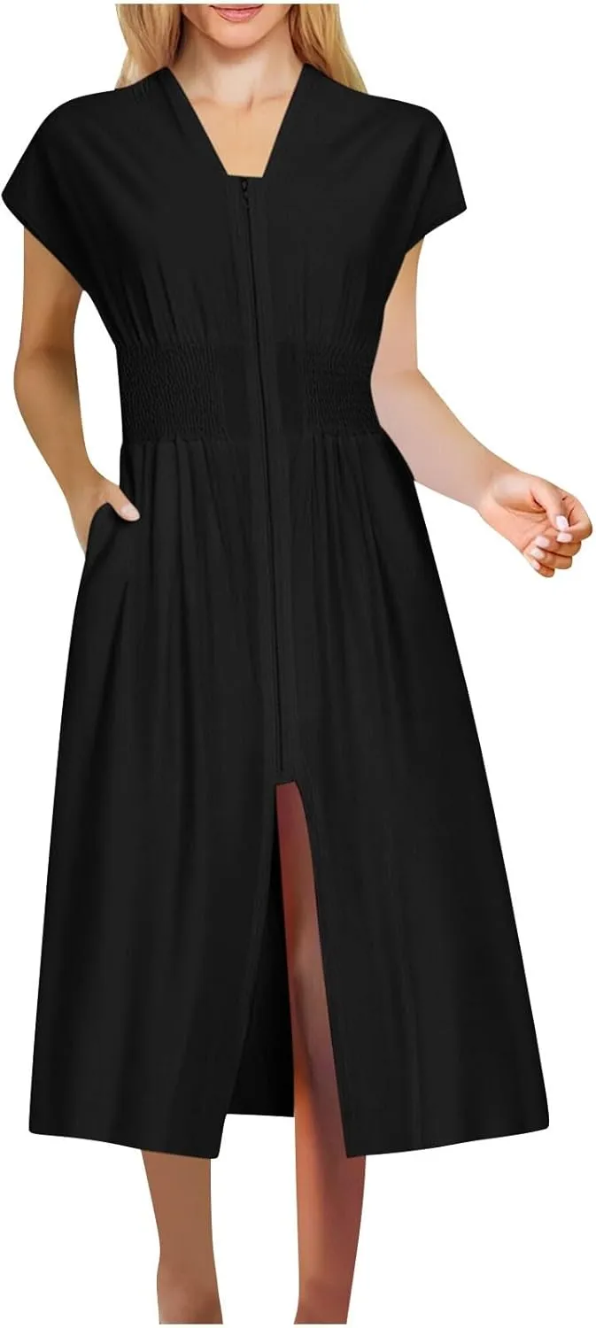 Casual Summer Dresses for Women 2025,Women's Summer Casual V Neck Cap Sleeve Dress Smocked Elastic Waist Midi Dresses