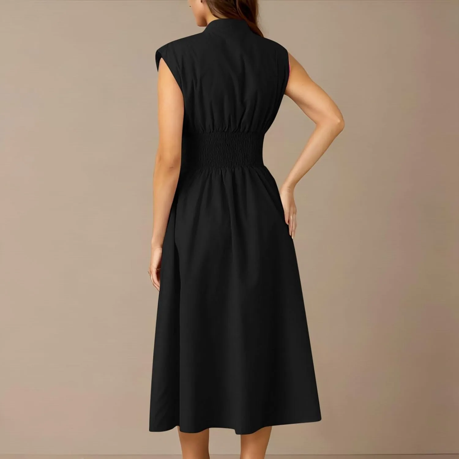 Casual Summer Dresses for Women 2025,Women's Summer Casual V Neck Cap Sleeve Dress Smocked Elastic Waist Midi Dresses