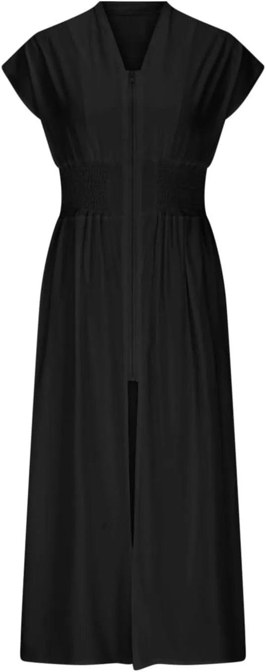 Casual Summer Dresses for Women 2025,Women's Summer Casual V Neck Cap Sleeve Dress Smocked Elastic Waist Midi Dresses