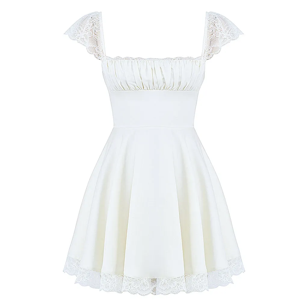Charming Lace Trim Lace Up Ruched Square Neck Fit and Flare Mini SunDress