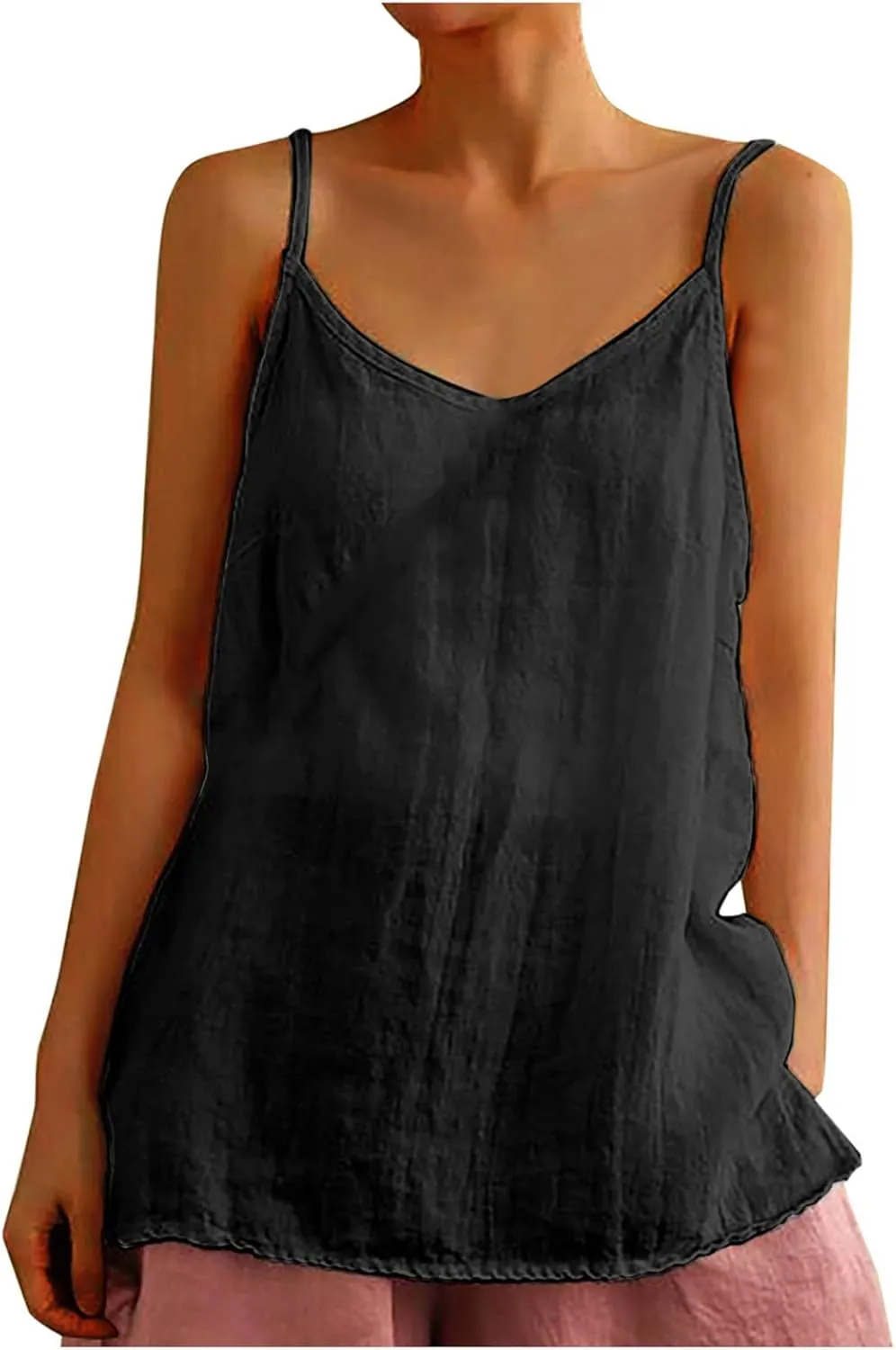 Cotton Linen Tank Tops for Women Spaghetti Strap Casual Sleeveless Summer T Shirts Comfy Breathable Loose Blouse