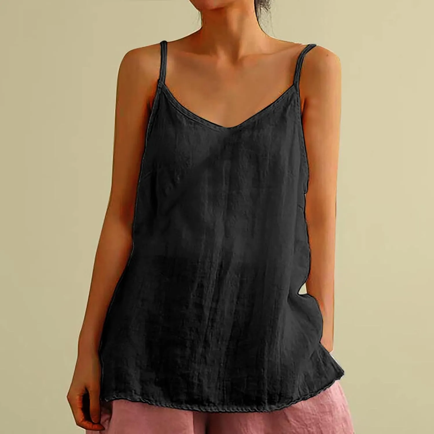 Cotton Linen Tank Tops for Women Spaghetti Strap Casual Sleeveless Summer T Shirts Comfy Breathable Loose Blouse