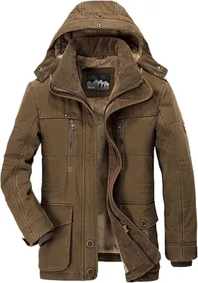 DuDubaby Vintage Jacket for Mens Men's Winter Hooded Windproof Solid Long Sleeve Soft Coat Jacket