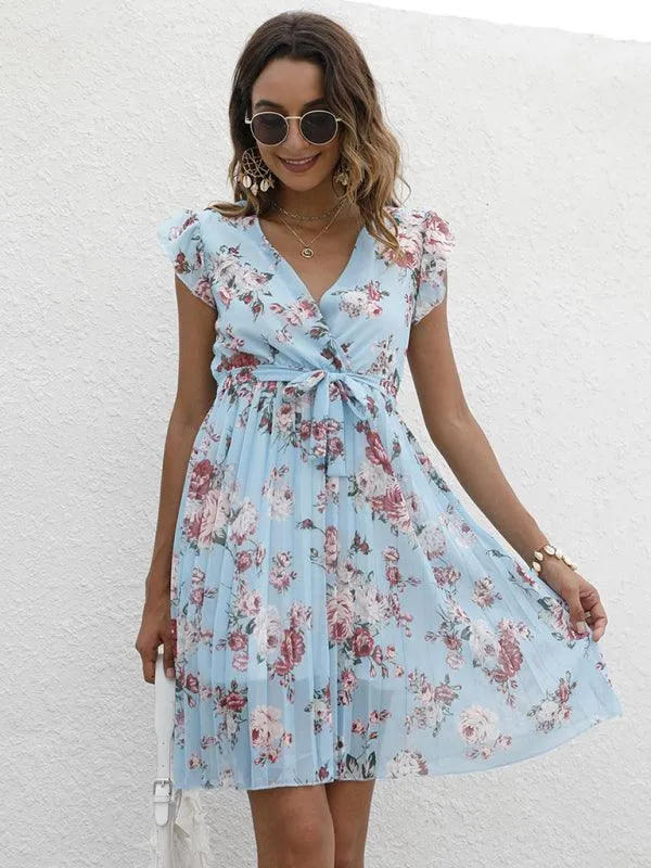 Elegant Floral Tie-Waist V-Neck Dress for Effortless Style