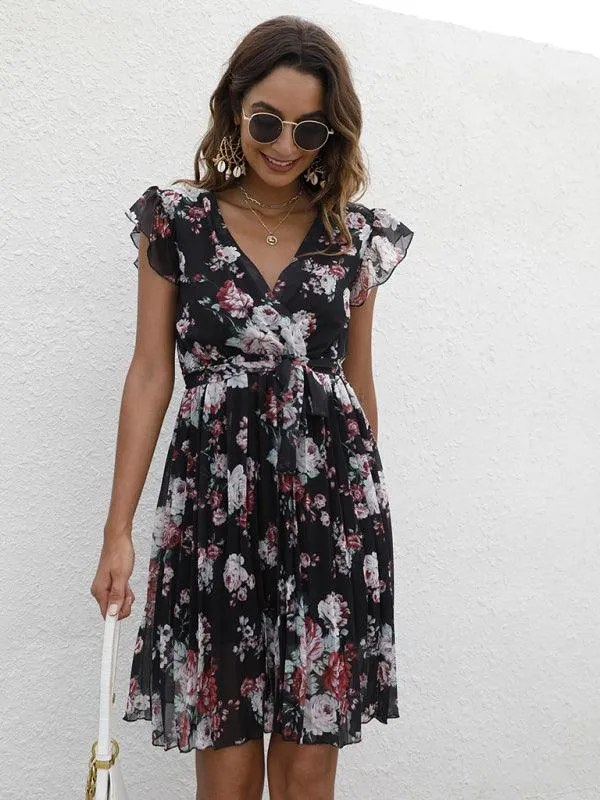 Elegant Floral Tie-Waist V-Neck Dress for Effortless Style