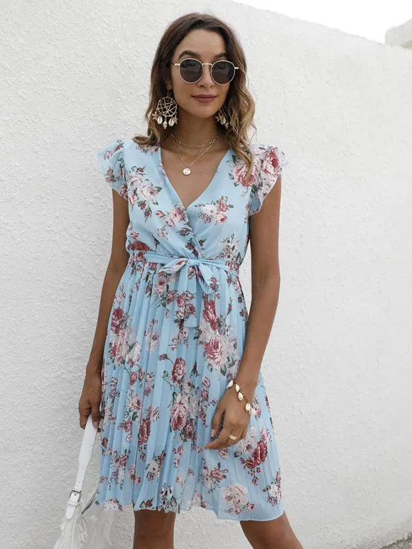 Elegant Floral Tie-Waist V-Neck Dress for Effortless Style