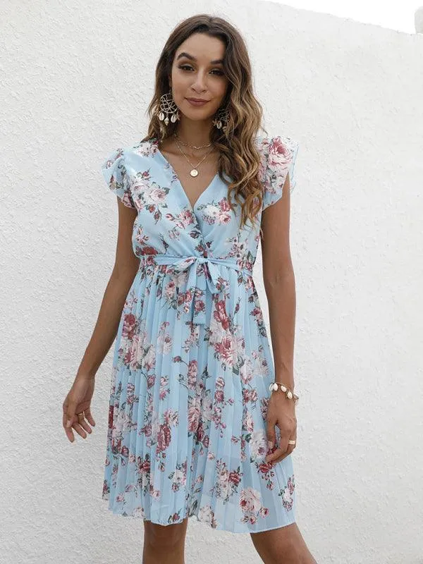Elegant Floral Tie-Waist V-Neck Dress for Effortless Style