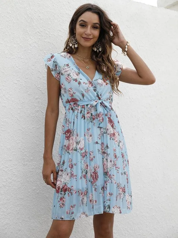 Elegant Floral Tie-Waist V-Neck Dress for Effortless Style