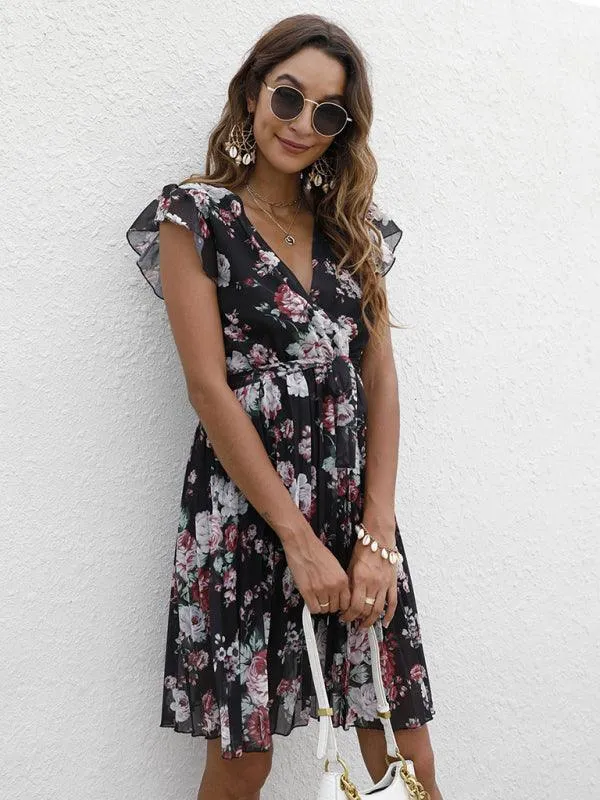 Elegant Floral Tie-Waist V-Neck Dress for Effortless Style
