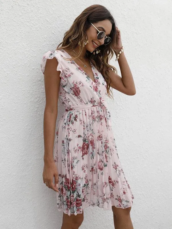Elegant Floral Tie-Waist V-Neck Dress for Effortless Style