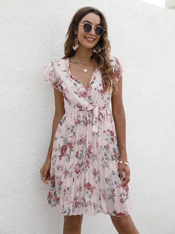 Elegant Floral Tie-Waist V-Neck Dress for Effortless Style