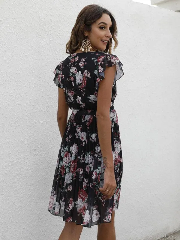 Elegant Floral Tie-Waist V-Neck Dress for Effortless Style