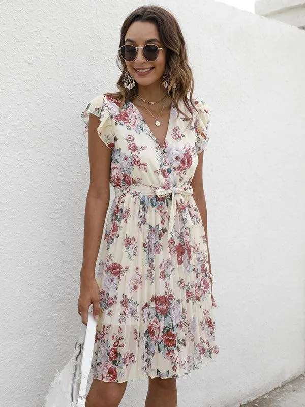 Elegant Floral Tie-Waist V-Neck Dress for Effortless Style