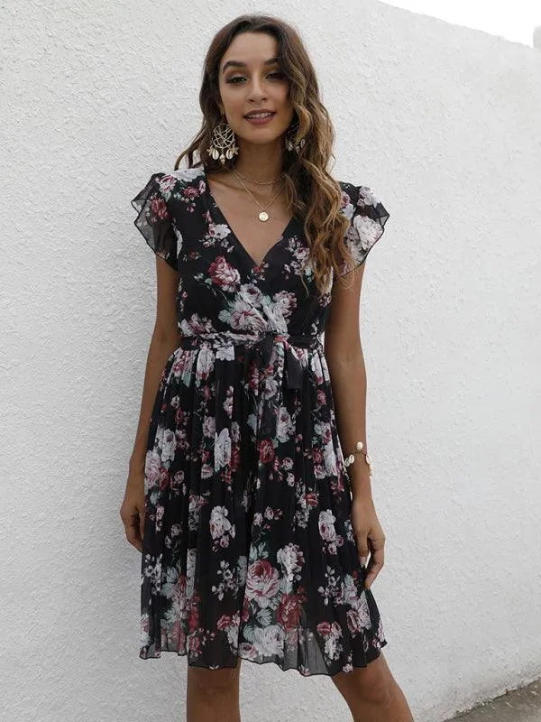 Elegant Floral Tie-Waist V-Neck Dress for Effortless Style