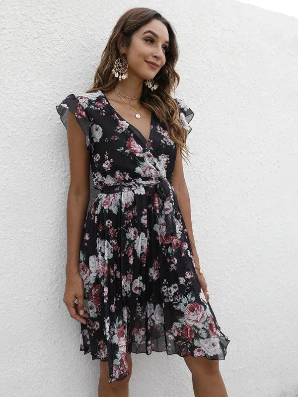 Elegant Floral Tie-Waist V-Neck Dress for Effortless Style