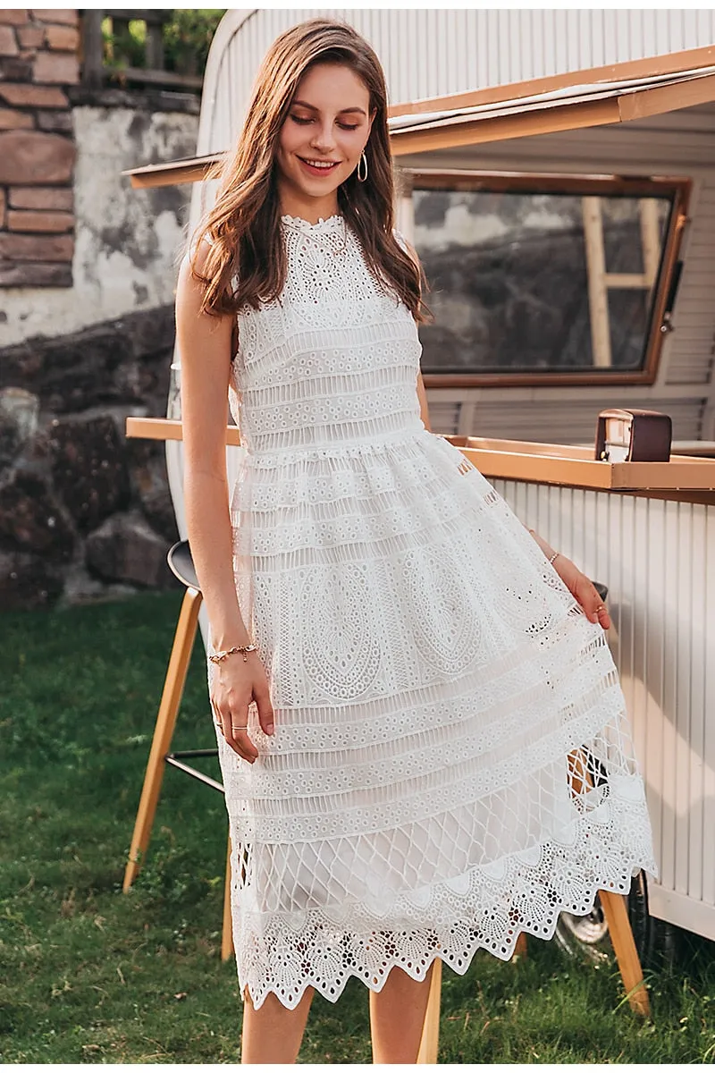 Elegant Sleeveless White Casual Embroidery Long Sundress Summer Maxi Dress