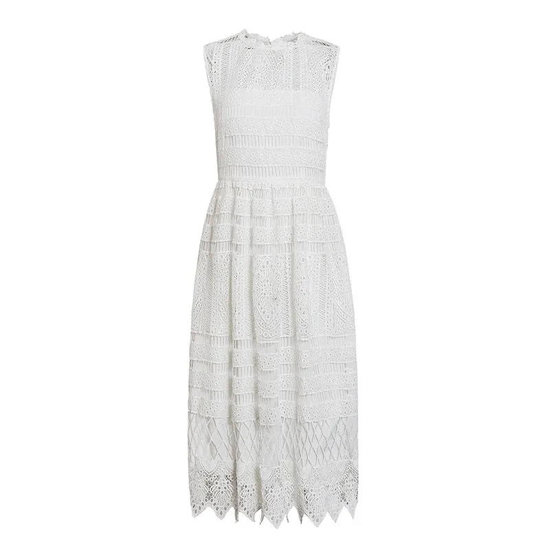 Elegant Sleeveless White Casual Embroidery Long Sundress Summer Maxi Dress