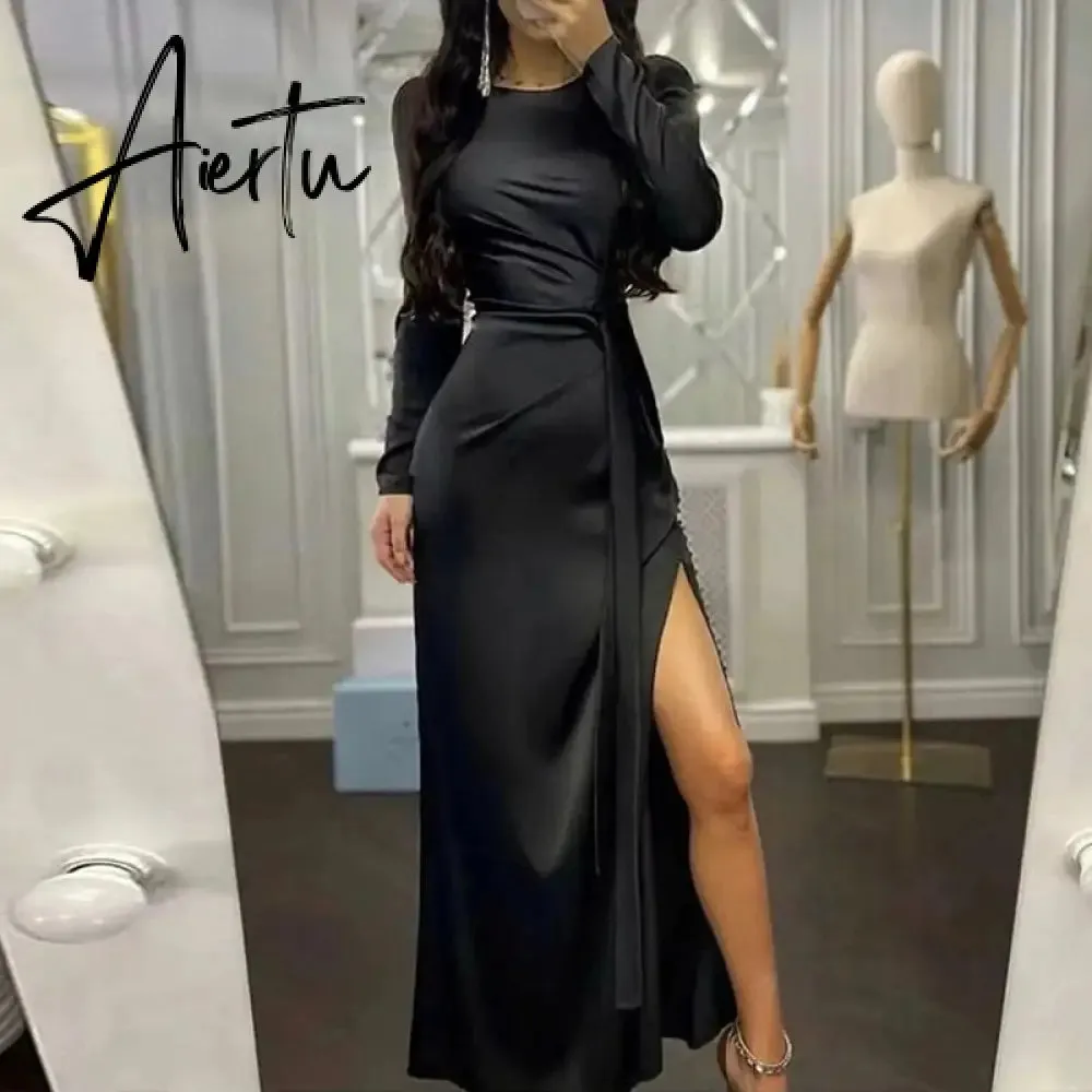 Elegant Women Bodycon Party Dress Summer Long Sleeve Slim Fit Sundress Femme Robe Solid Round Neck Ladies Long Dress Cover Up