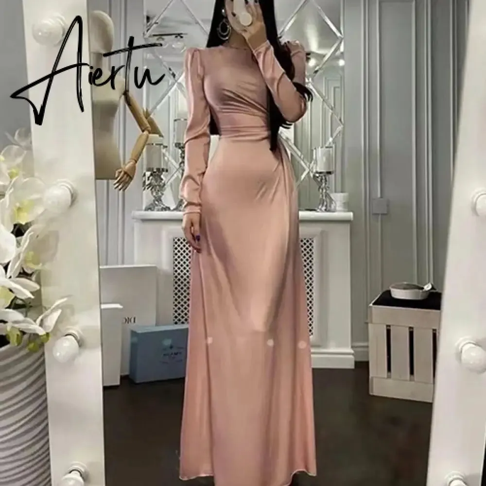 Elegant Women Bodycon Party Dress Summer Long Sleeve Slim Fit Sundress Femme Robe Solid Round Neck Ladies Long Dress Cover Up