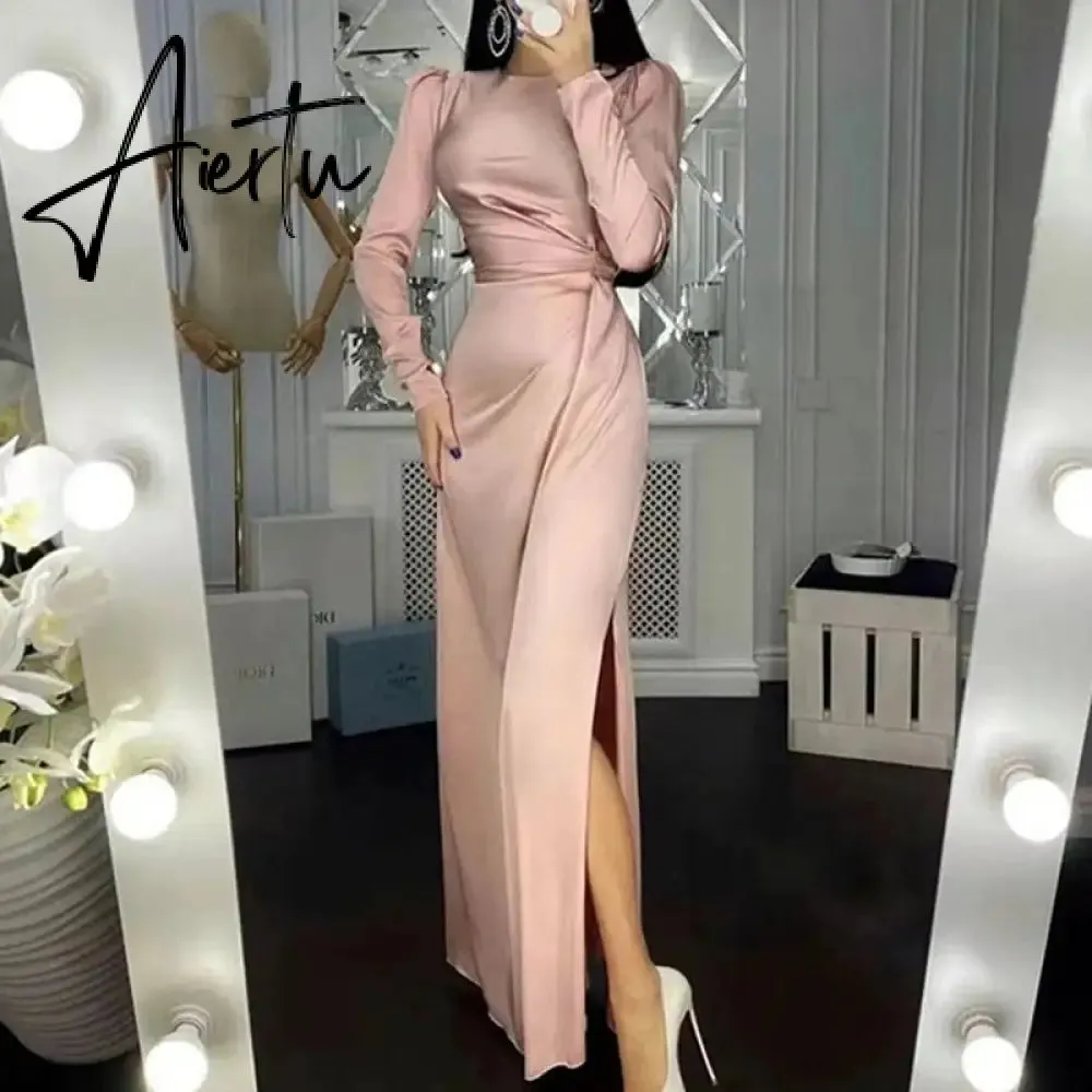 Elegant Women Bodycon Party Dress Summer Long Sleeve Slim Fit Sundress Femme Robe Solid Round Neck Ladies Long Dress Cover Up