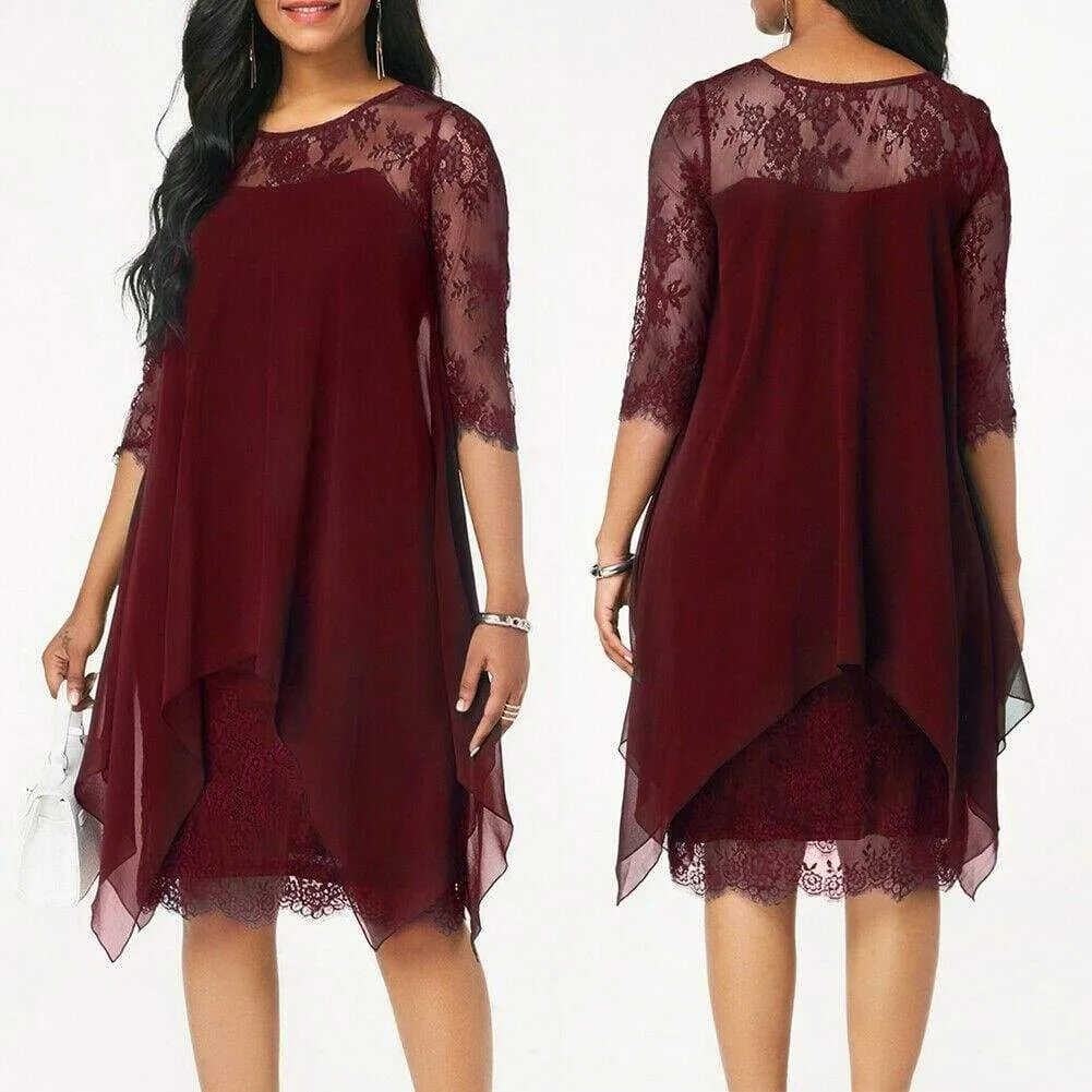 FashionSierra - New Women 3/4 Sleeve Causal Loose Lace Evening Formal Dress Elegant Office Ladies Summer Party Beach Holiday Sundress