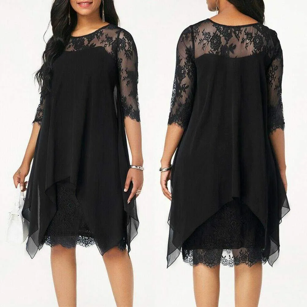 FashionSierra - New Women 3/4 Sleeve Causal Loose Lace Evening Formal Dress Elegant Office Ladies Summer Party Beach Holiday Sundress