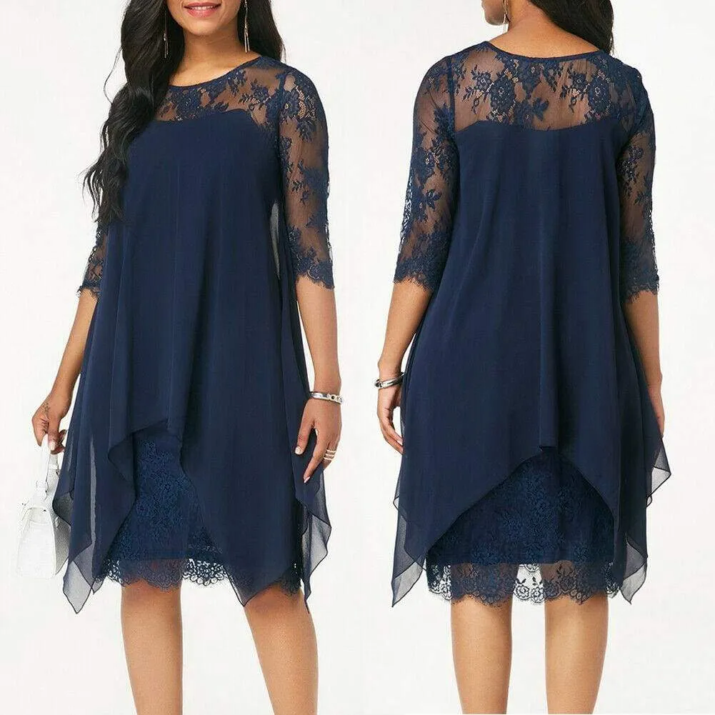 FashionSierra - New Women 3/4 Sleeve Causal Loose Lace Evening Formal Dress Elegant Office Ladies Summer Party Beach Holiday Sundress