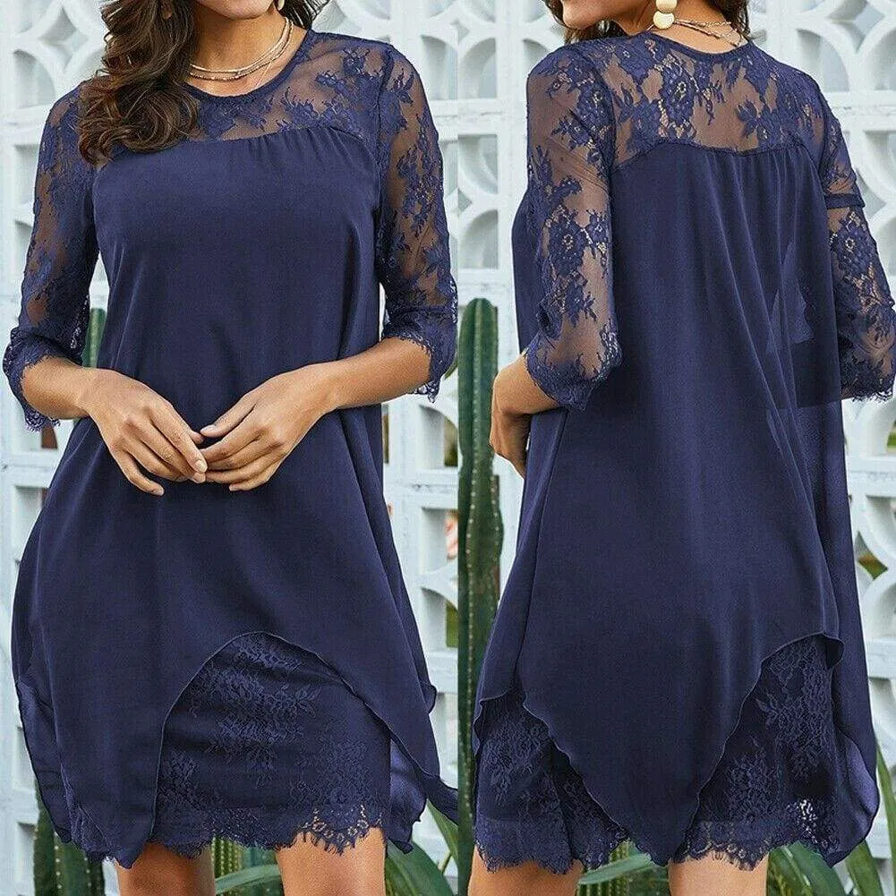 FashionSierra - New Women 3/4 Sleeve Causal Loose Lace Evening Formal Dress Elegant Office Ladies Summer Party Beach Holiday Sundress