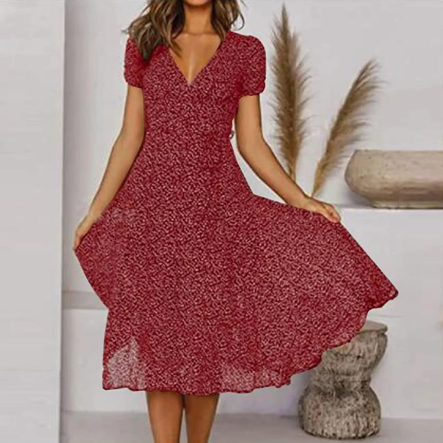 Floral Dresses for Women 2024 V Neck Short Sleeve Midi Dress High Waist Elegant Flowy Smocked Dress Summer Dresses