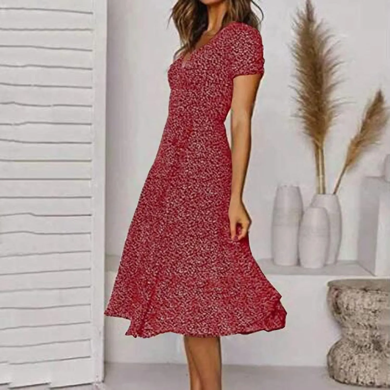 Floral Dresses for Women 2024 V Neck Short Sleeve Midi Dress High Waist Elegant Flowy Smocked Dress Summer Dresses