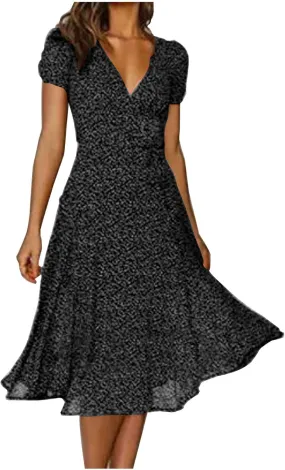 Floral Dresses for Women 2024 V Neck Short Sleeve Midi Dress High Waist Elegant Flowy Smocked Dress Summer Dresses