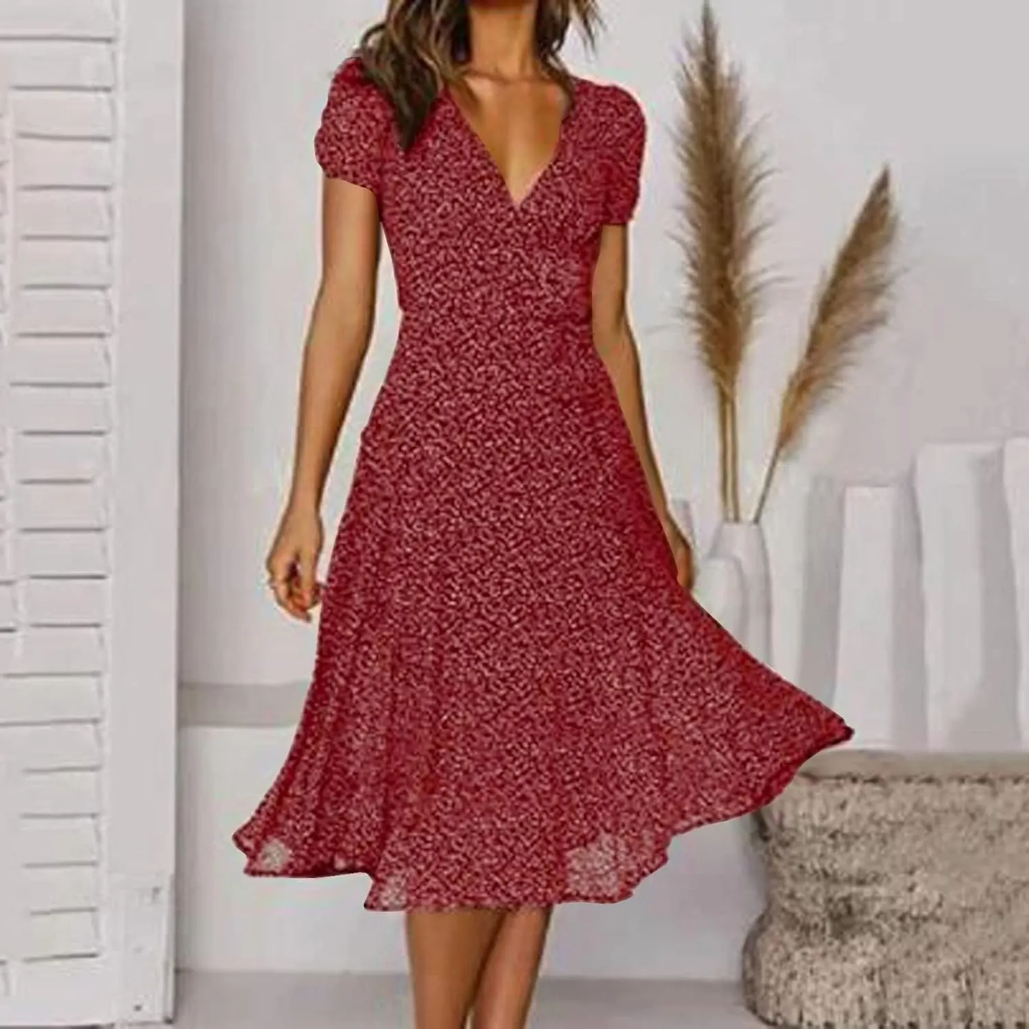 Floral Dresses for Women 2024 V Neck Short Sleeve Midi Dress High Waist Elegant Flowy Smocked Dress Summer Dresses