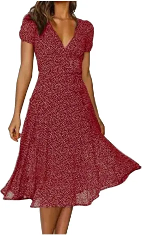 Floral Dresses for Women 2024 V Neck Short Sleeve Midi Dress High Waist Elegant Flowy Smocked Dress Summer Dresses