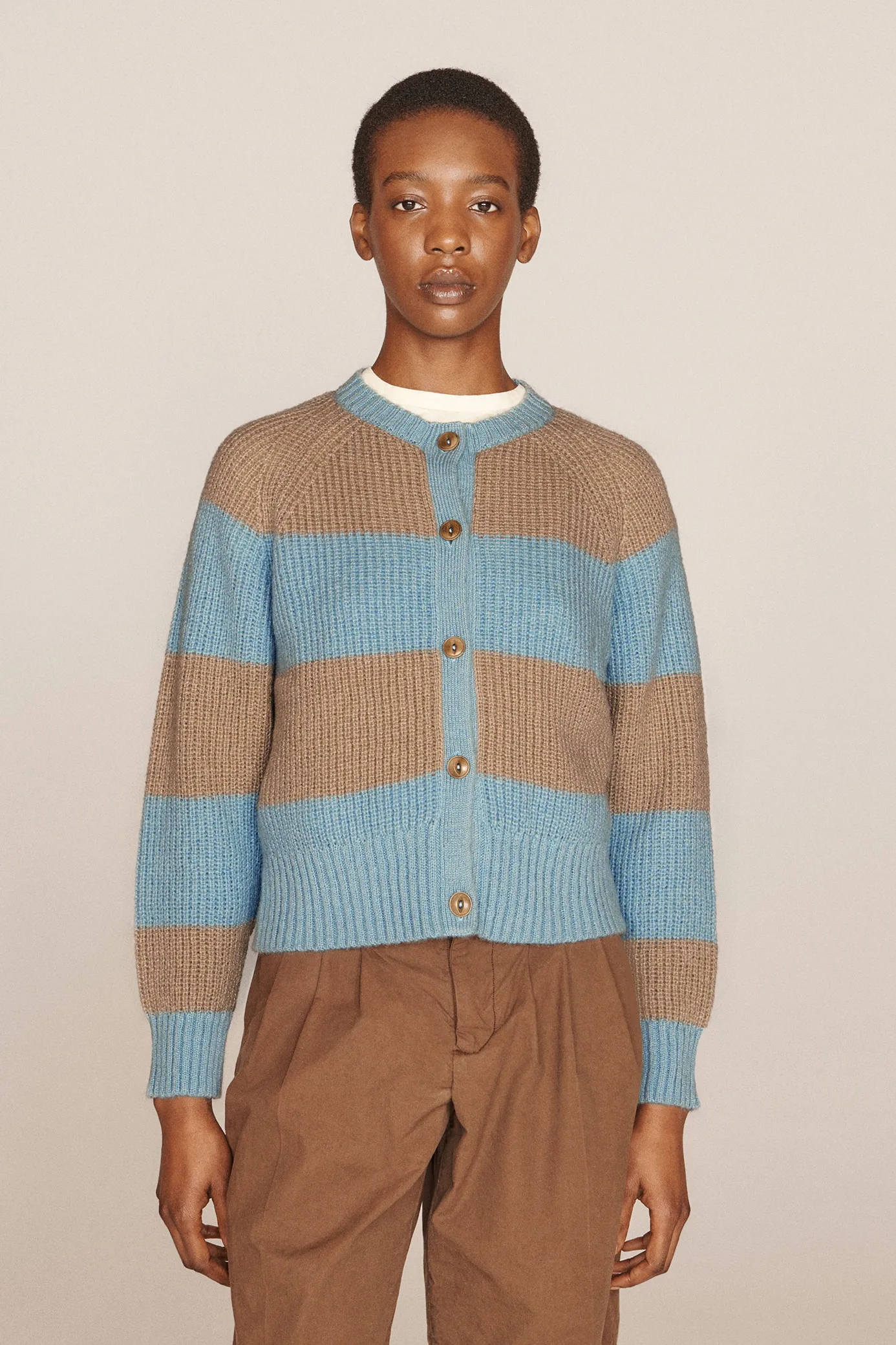 Foxtail Stripe Cardigan - Sand / Light Blue