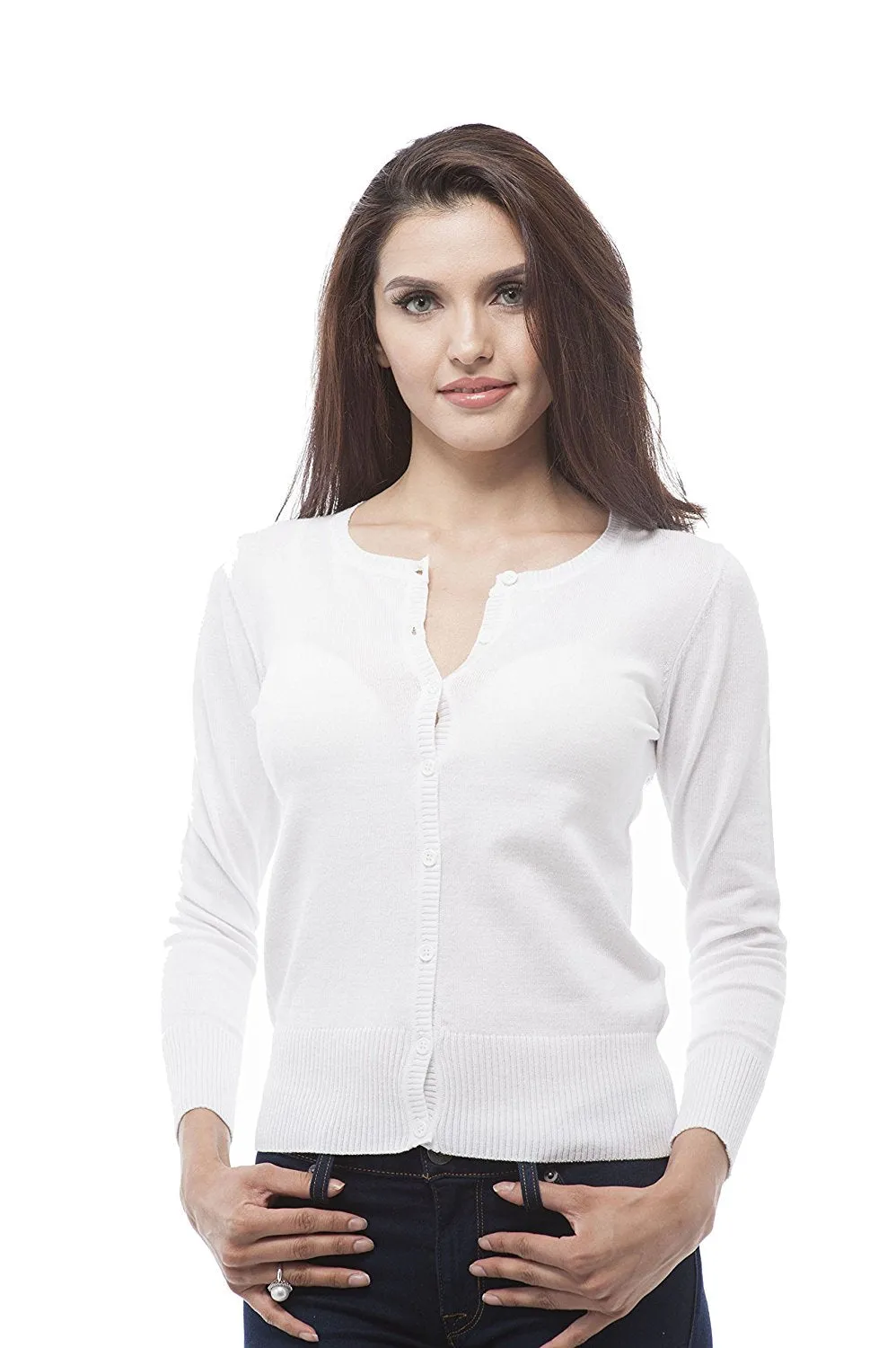Hollywood Star Fashion 3/4 Sleeve Crew Neck Button up Cropped Cardigan Sweater Plus Size