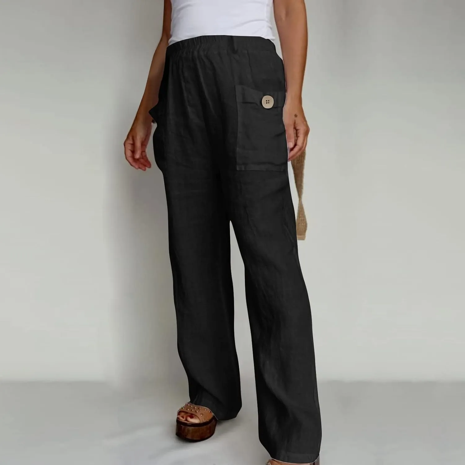 JOAU Womens Casual High Waisted Relaxed Fit Pants Button Up Straight Leg Trousers with Pockets Summer Cotton Linen Pants