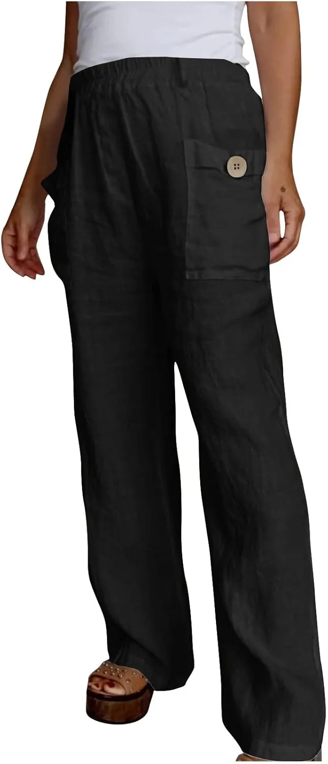 JOAU Womens Casual High Waisted Relaxed Fit Pants Button Up Straight Leg Trousers with Pockets Summer Cotton Linen Pants