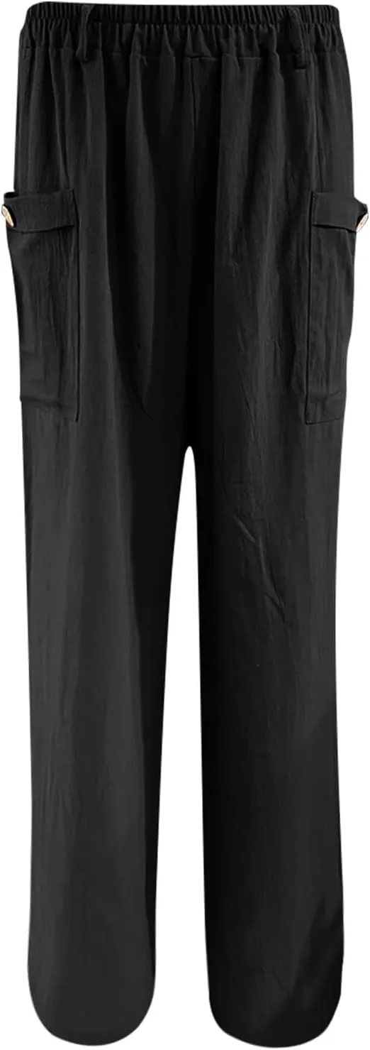 JOAU Womens Casual High Waisted Relaxed Fit Pants Button Up Straight Leg Trousers with Pockets Summer Cotton Linen Pants