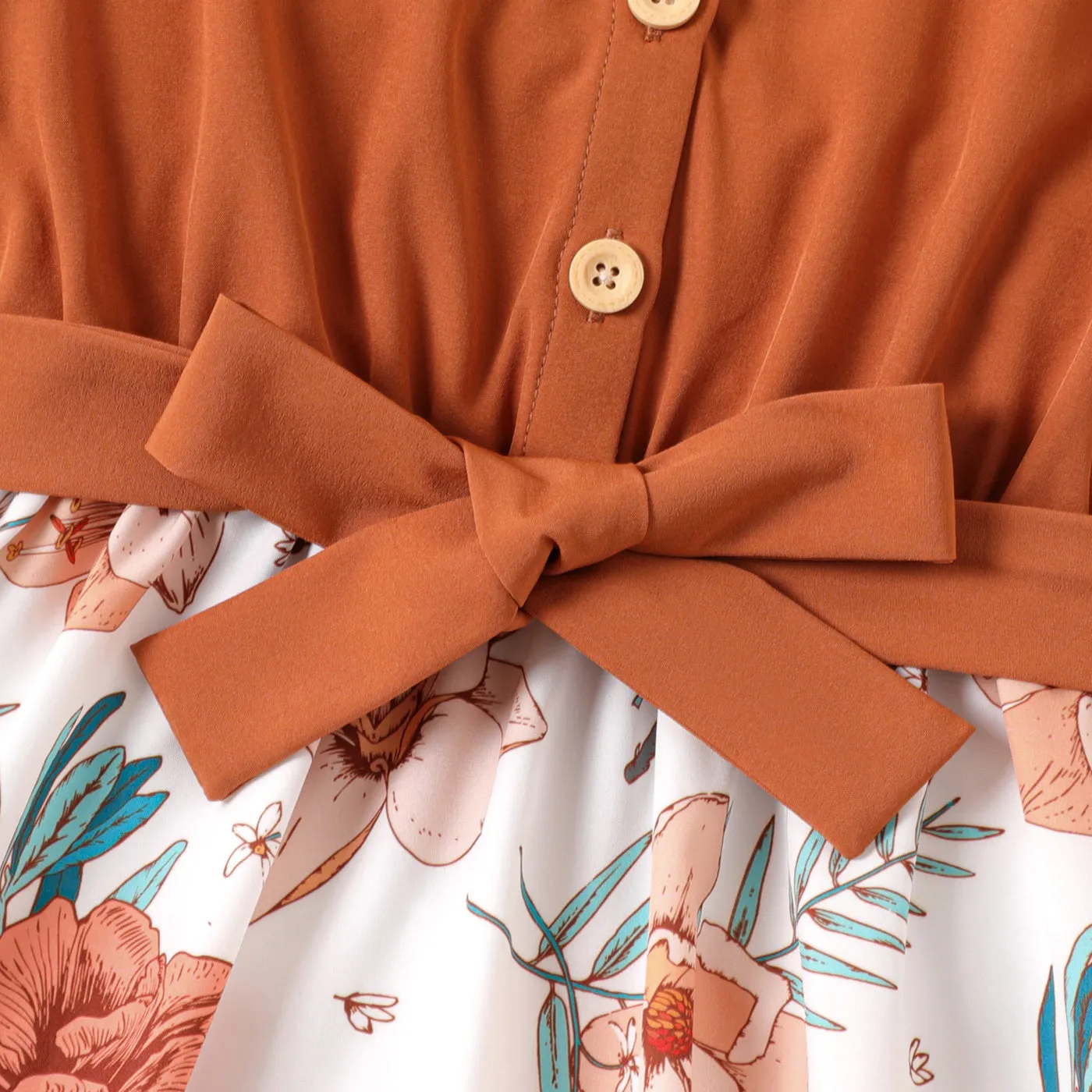 Kid Girl Ruffled Floral Print Splice Belted Flutter-sleeve Dress