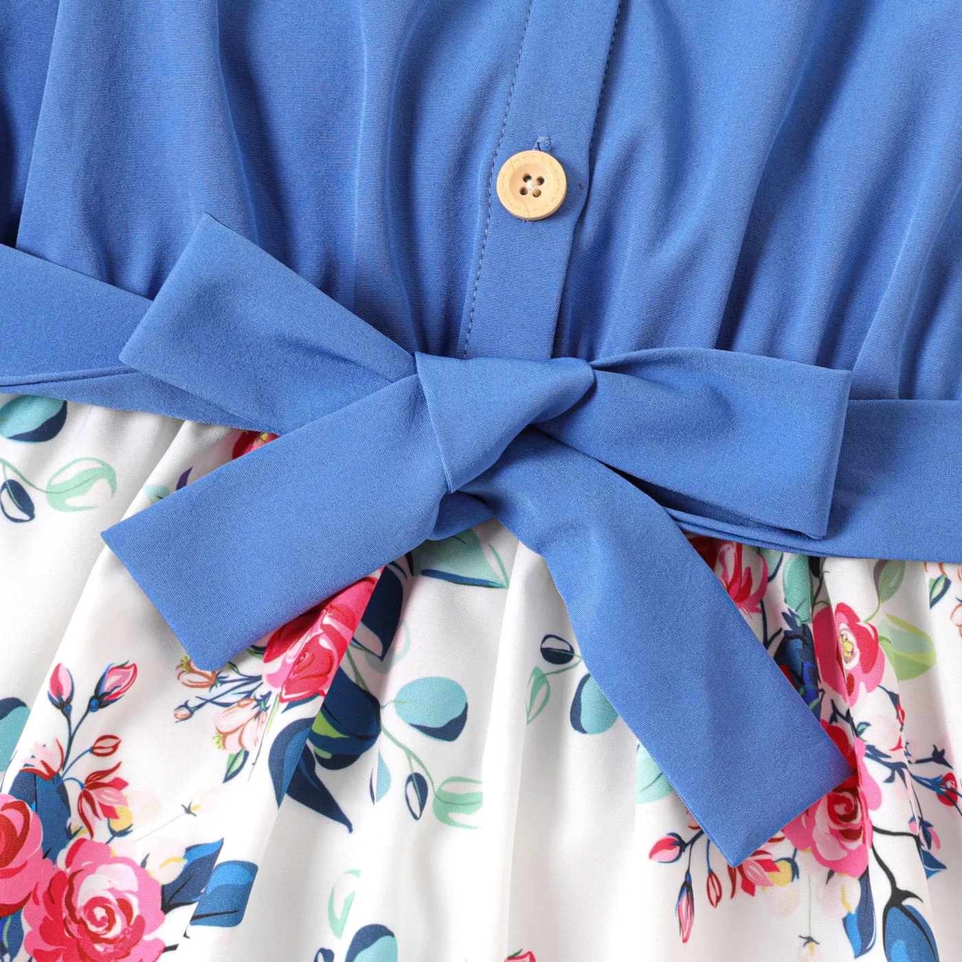 Kid Girl Ruffled Floral Print Splice Belted Flutter-sleeve Dress