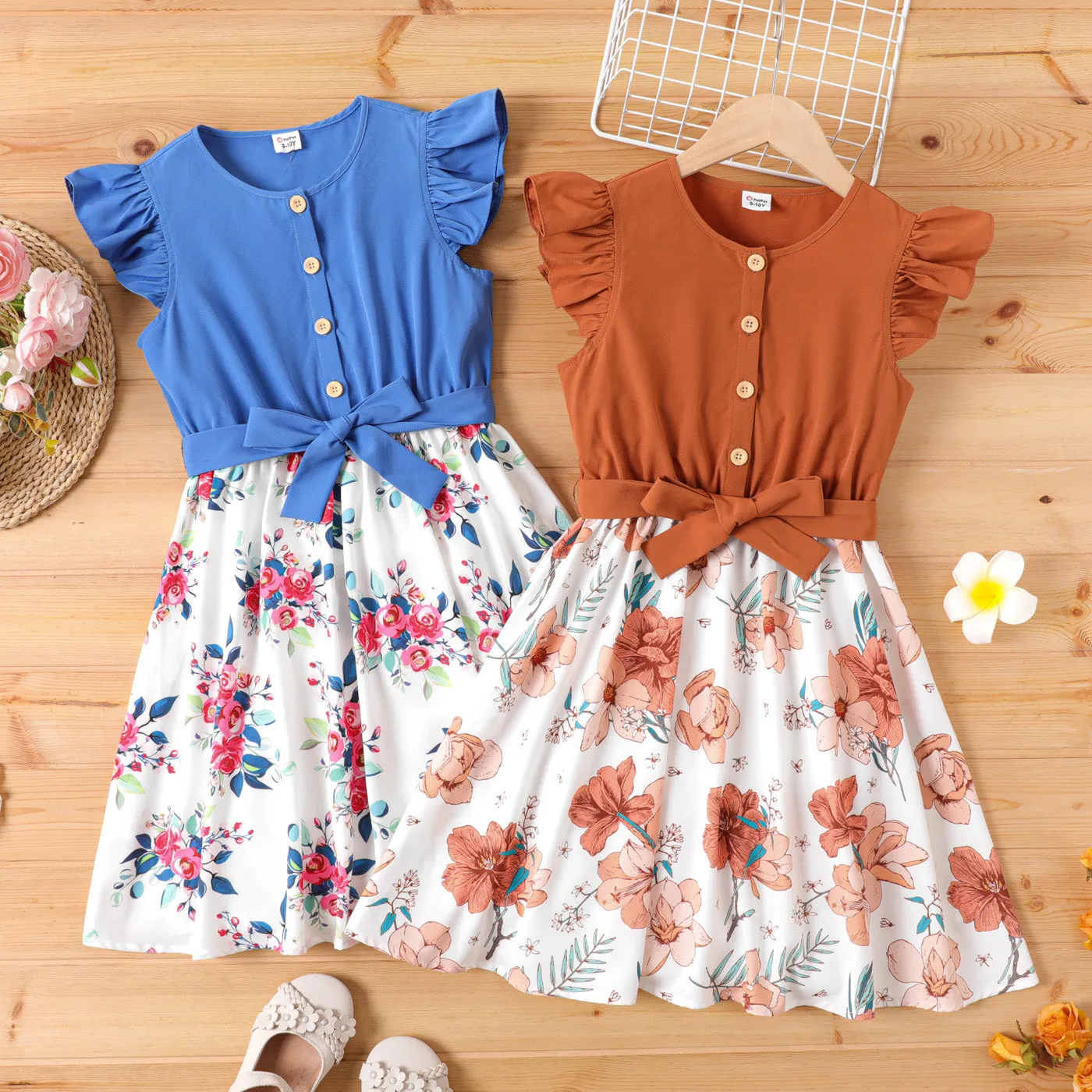 Kid Girl Ruffled Floral Print Splice Belted Flutter-sleeve Dress
